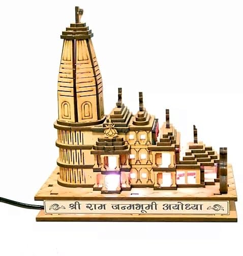 Shri Ram Mandir with Light, Ram Janmabhoomi Ayodhya Temple, (8*6)Architectural Model for Ram Bhakts Religious Decorative Items for Home & Office (Wood, Brown, Gold)